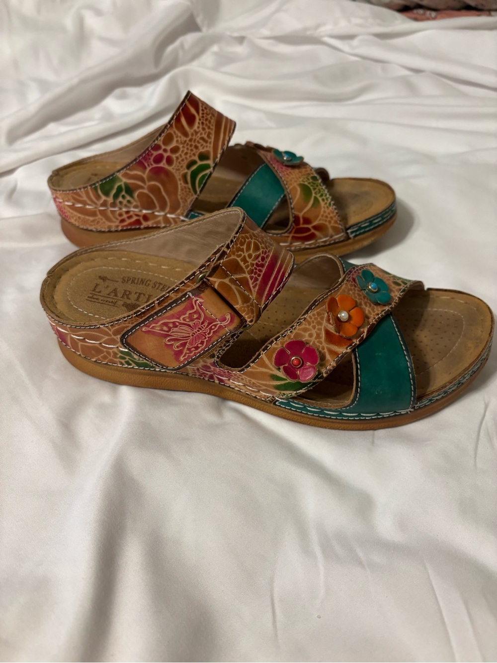 L’Artiste Spring Step Women’s 39 Floral Leather Sandals Teal Multicolor Boho - Picture 6 of 7